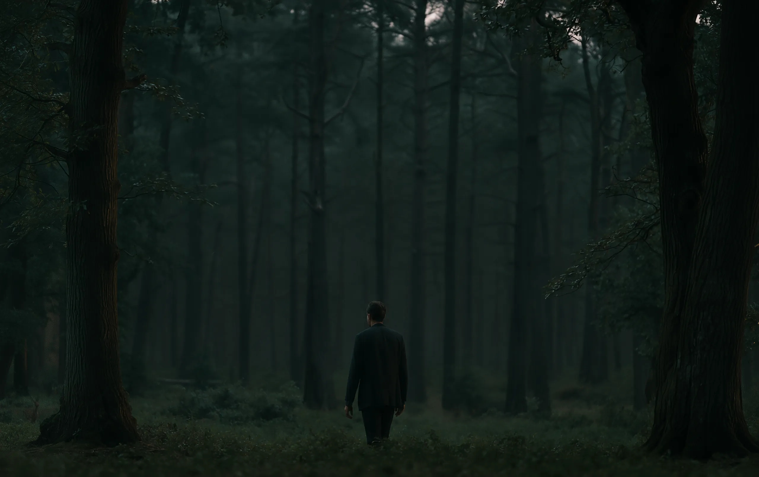A man stands at the edge of a dark wood looking in, and as you go through, small warm points of light come on deep among the trunks