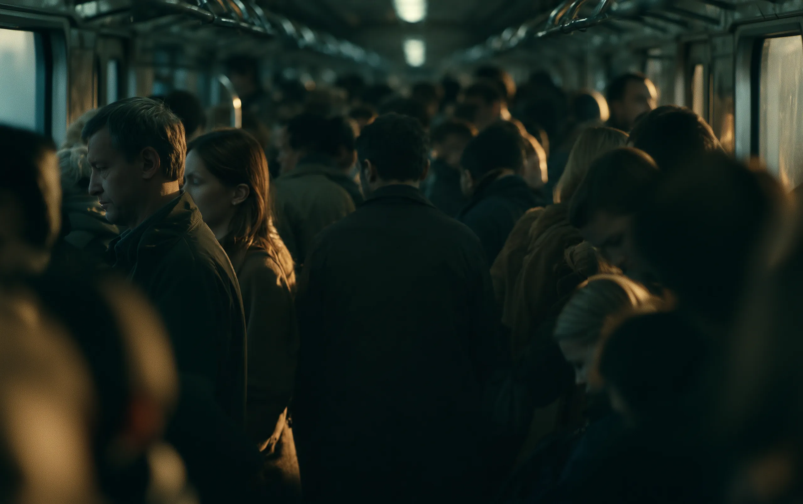 People pressed close together in a train carriage, each one alone, and among them something taller that nobody reacts to