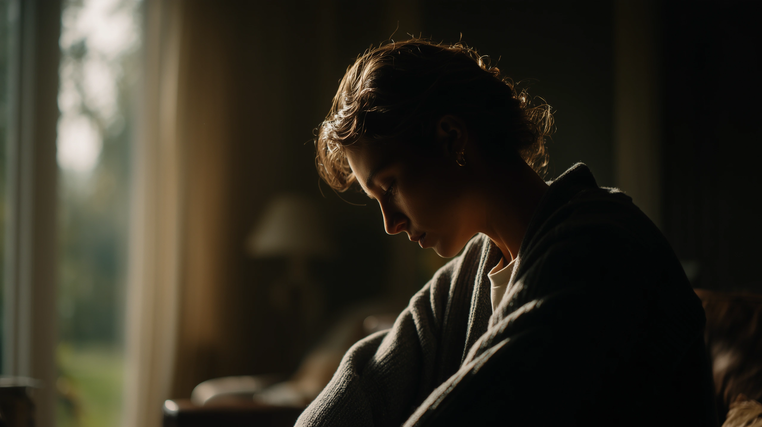 A person sitting alone in low window light, head lowered