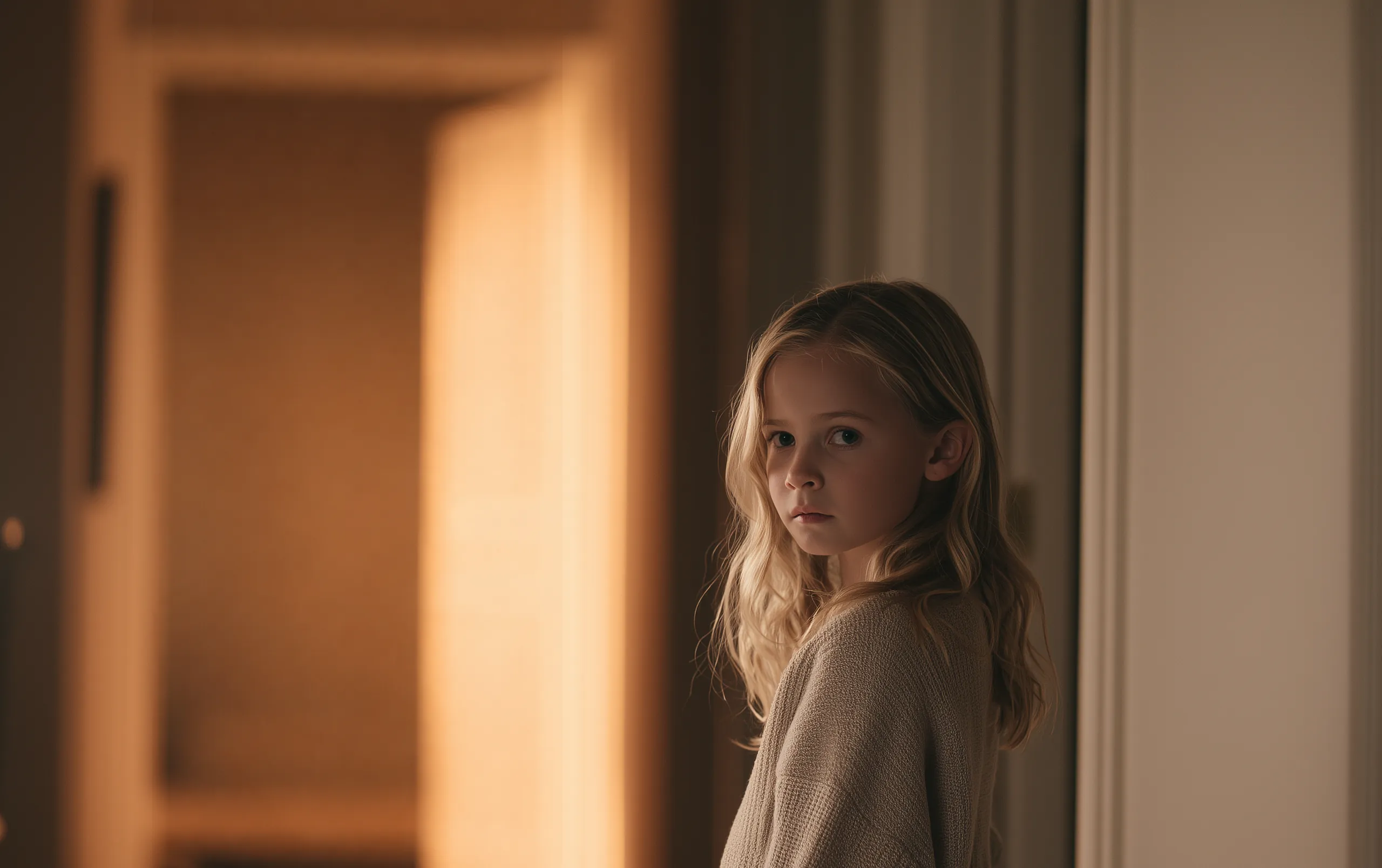A child looking out through an open door, and behind it, in the warm light of the hallway, a tall dark figure