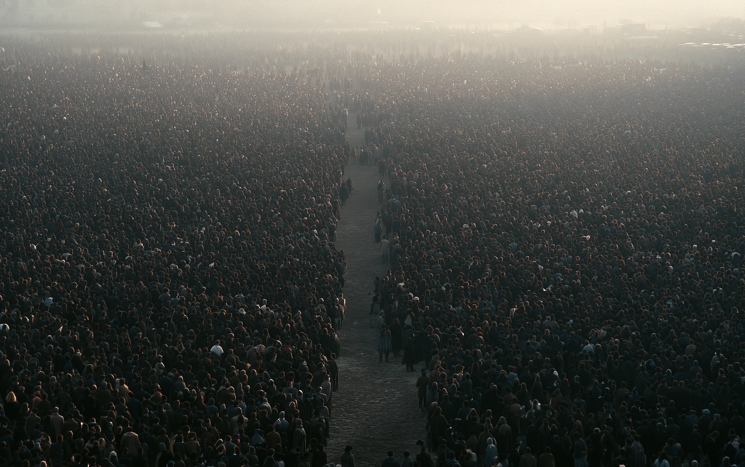 An immense crowd reaching to the horizon, split by one narrow empty strip running from the foreground into the haze