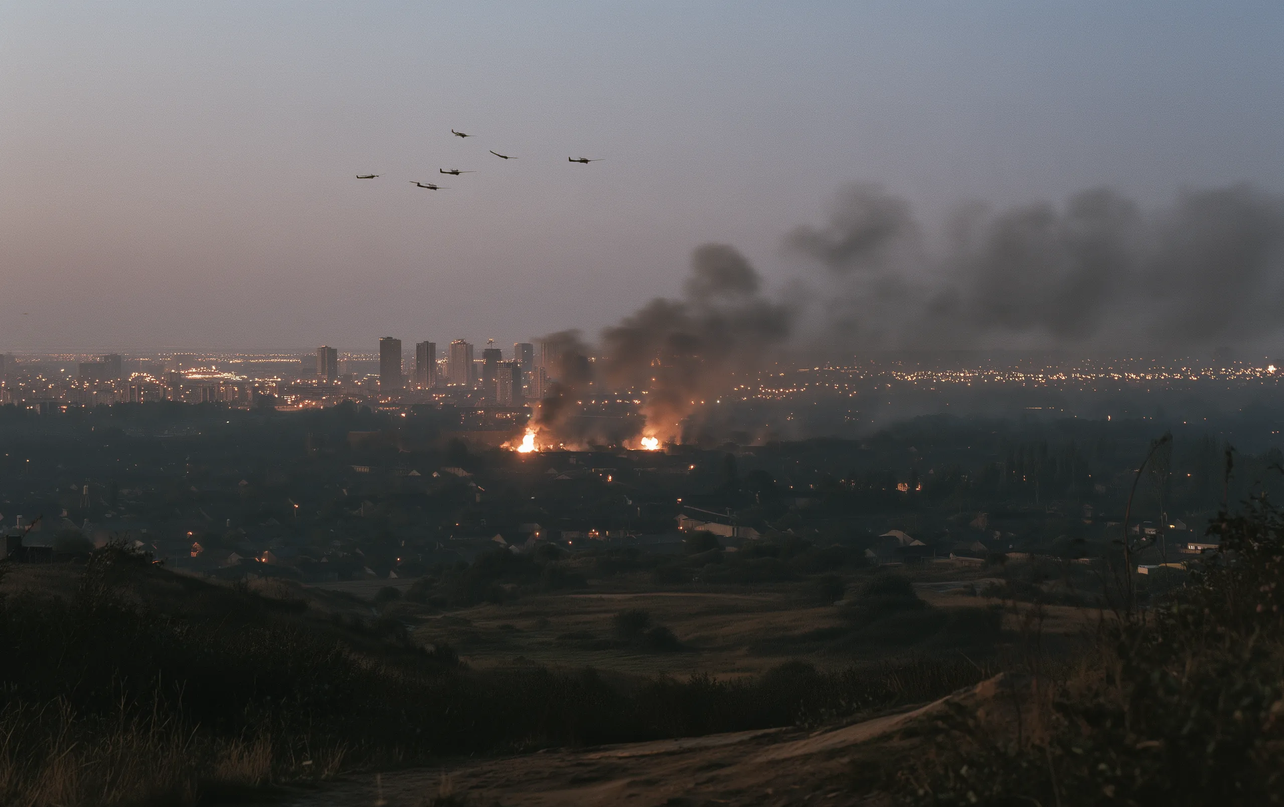 A wide view from a hill across a city at dusk; two fires burn among the houses with their smoke standing in columns, and high in the sky a loose formation of small aircraft crosses