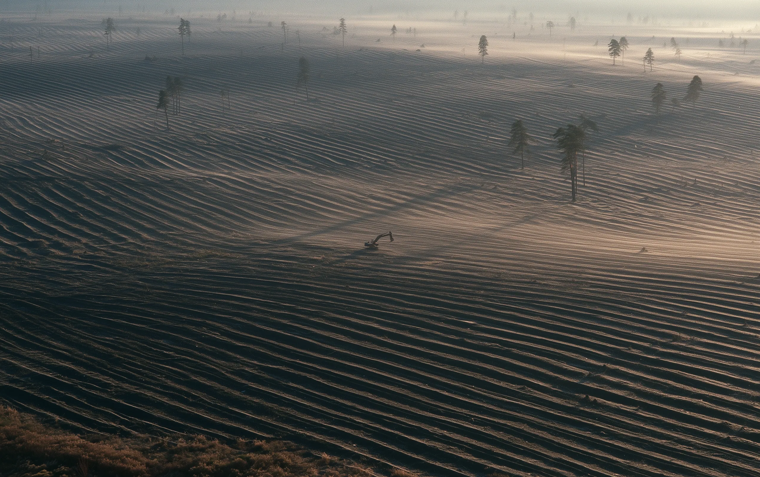 An enormous cleared plain seen from high above, the ground worked into a grid all the way to the horizon, single trees left standing between the lines