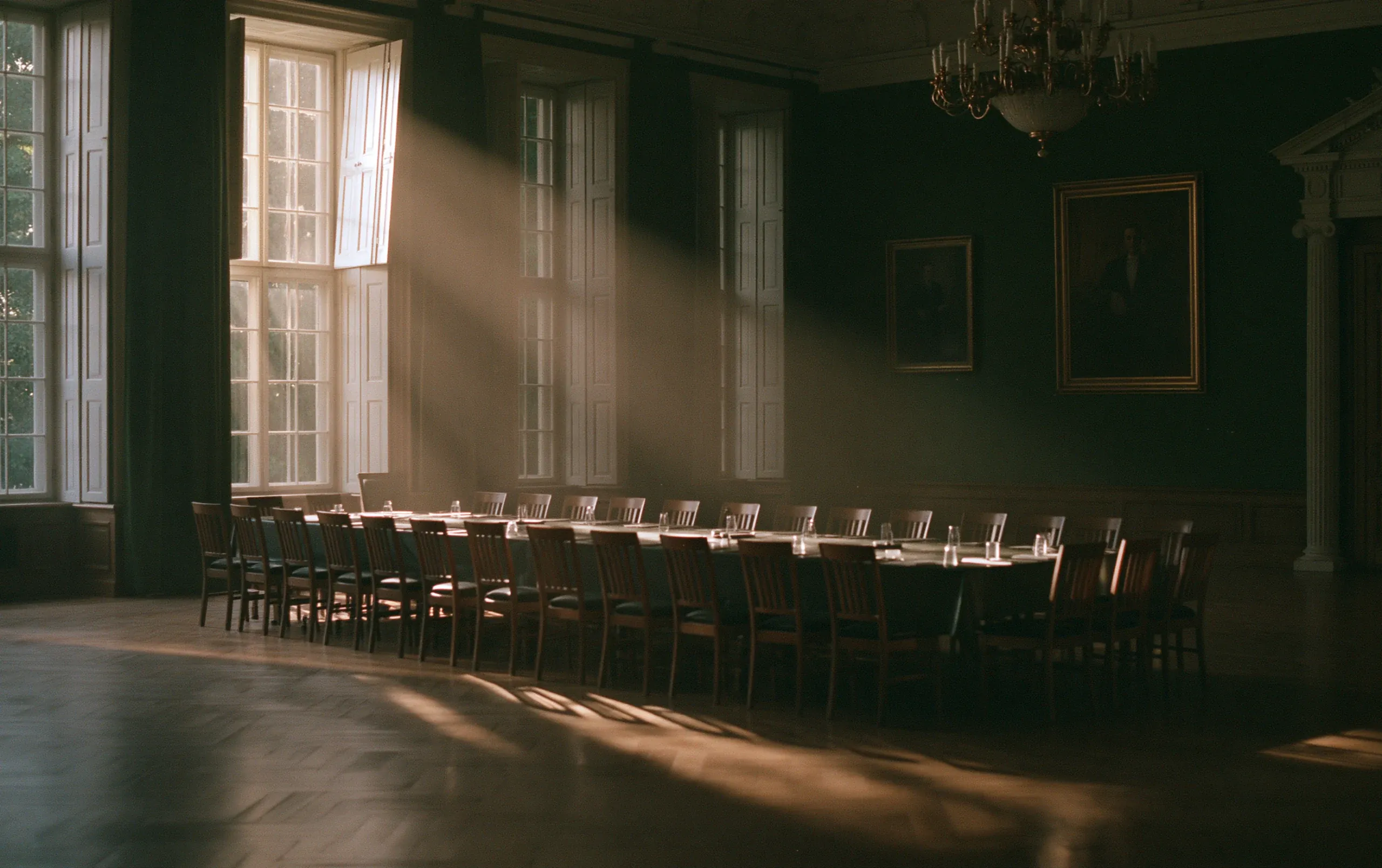 An empty, strictly ordered room in cold daylight, a faceless figure seated at the head of the table