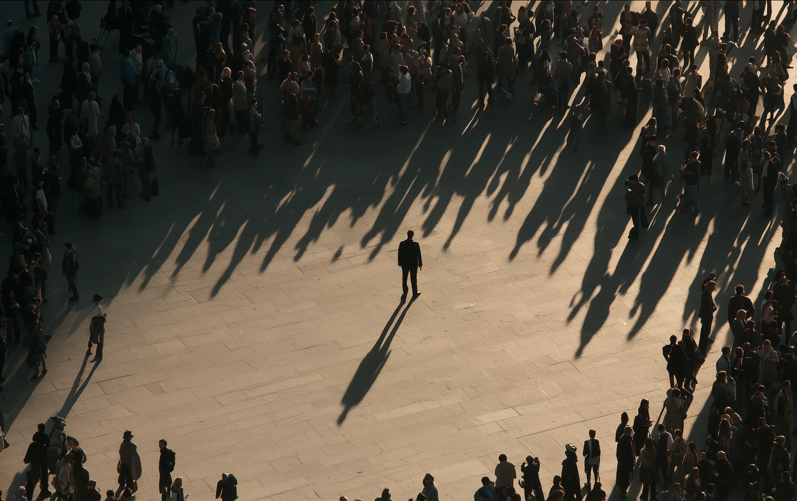 Seen from above, a dense ring of people around an empty sunlit square, every shadow reaching inward towards one person standing alone in the middle