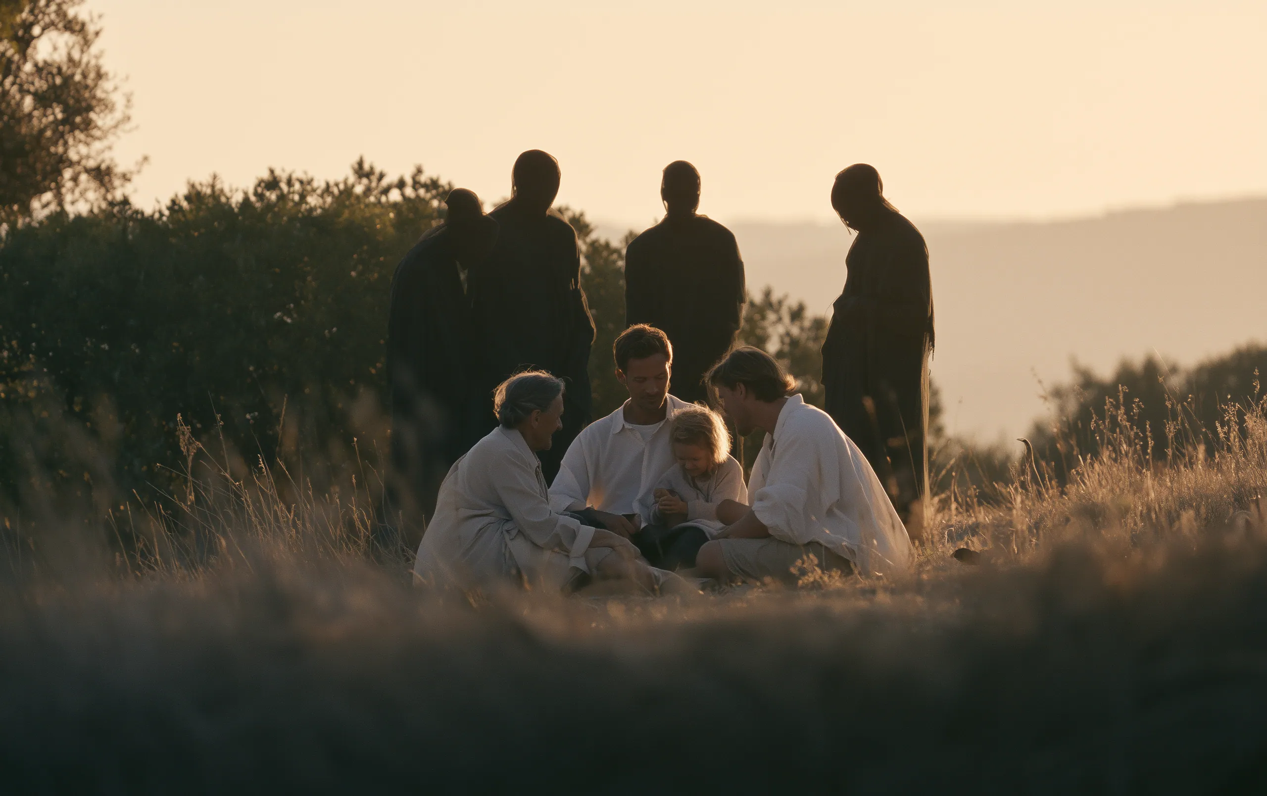 Three generations sit close together in the tall grass in evening light, and behind them several dark figures stand quietly