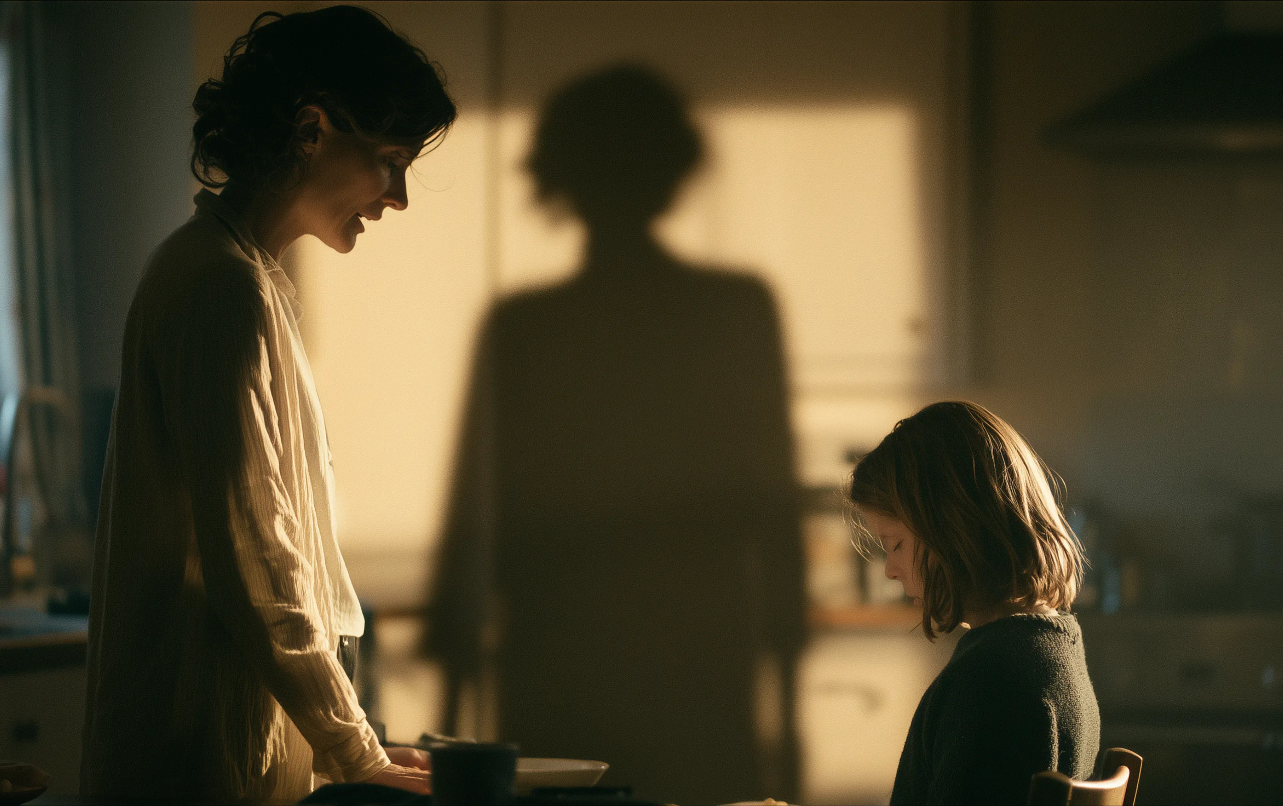 A mother and her child in a kitchen, both looking down, and between them a large dark figure neither of them notices