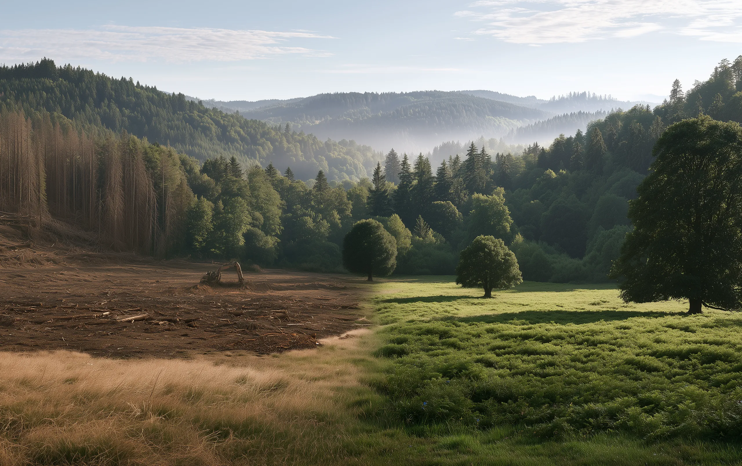 A valley in the morning: cleared land with dead trunks and torn-open earth on the left, untouched green forest and meadow on the right
