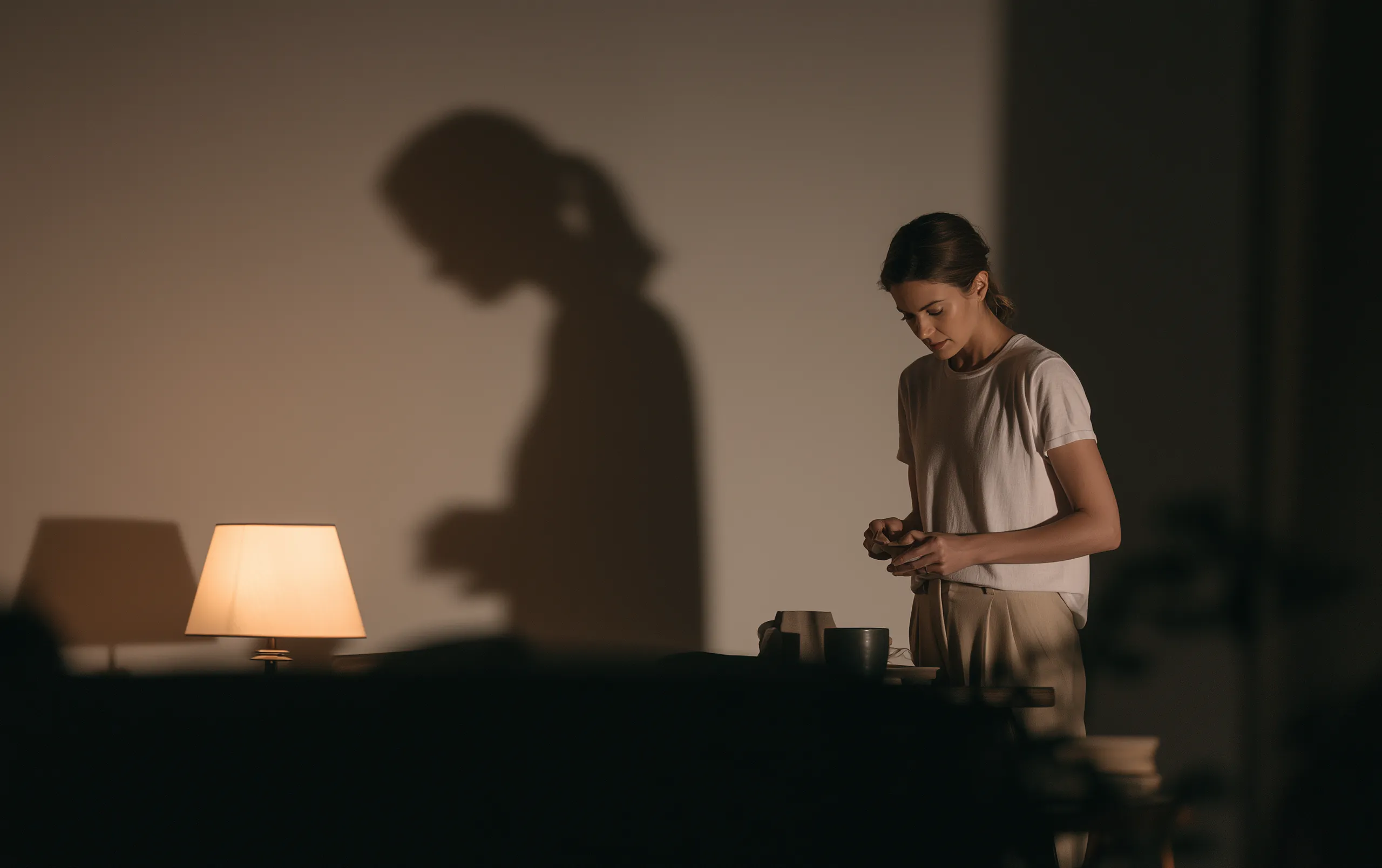 A woman stands alone at a kitchen counter in the evening in the light of one lamp, and on the wall behind her stands a large shadow she is not casting