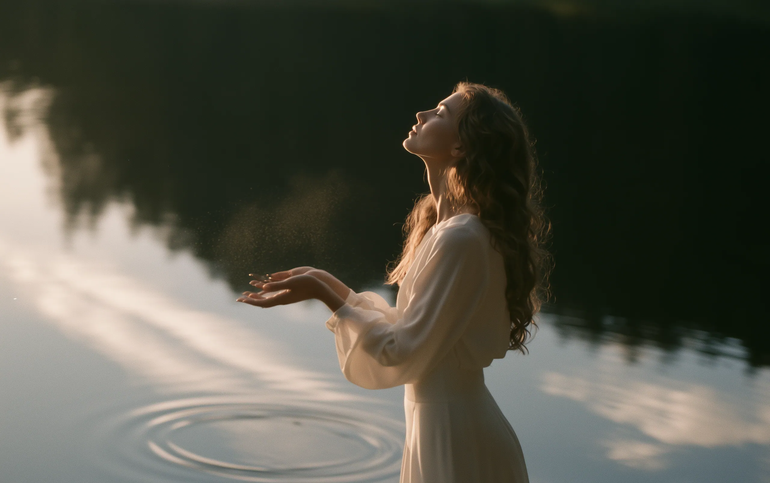 A woman stands in morning light at the edge of a completely still lake, her head tipped back and her open hand held low — and the four pictures before this were pieces of this one