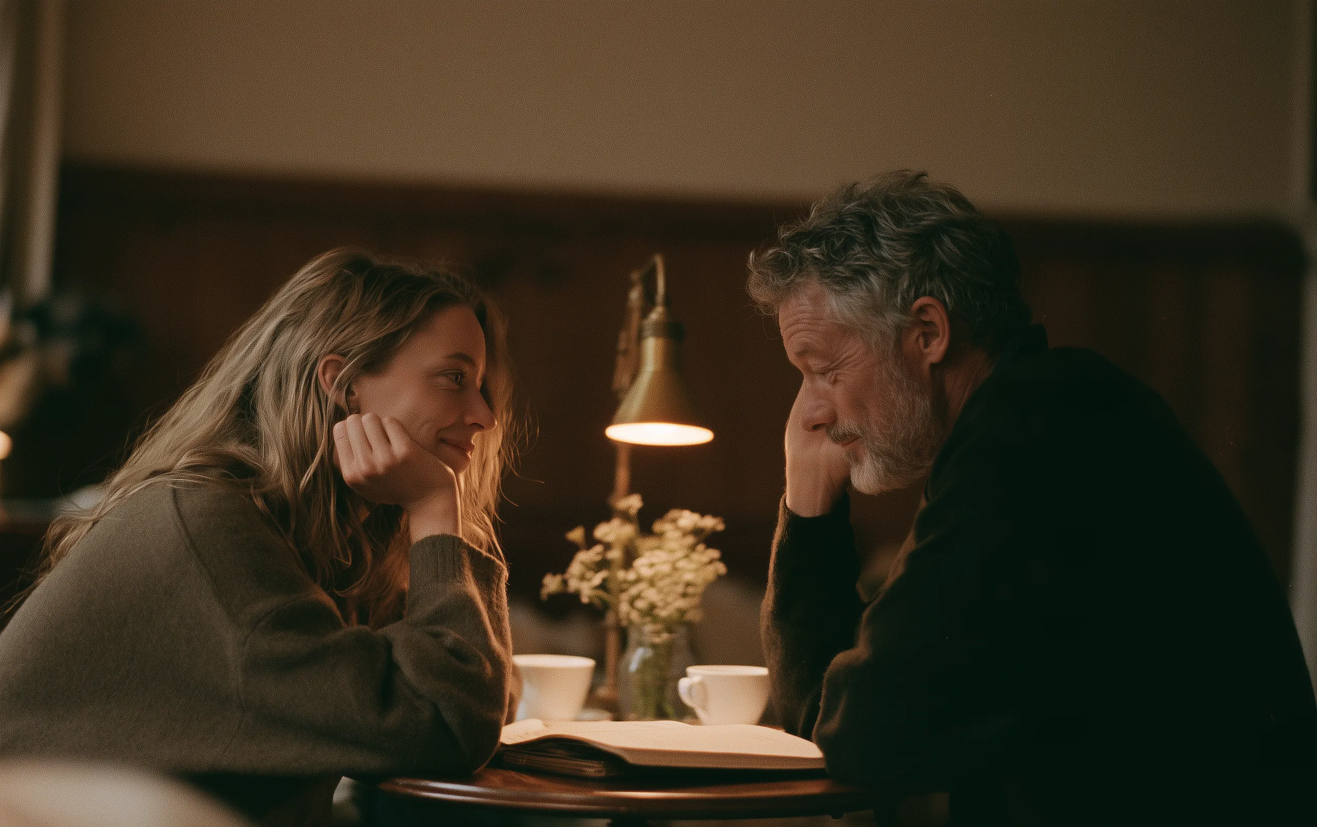 Two people of different ages sit facing each other at a table in lamplight, a dark figure standing quietly behind each of them
