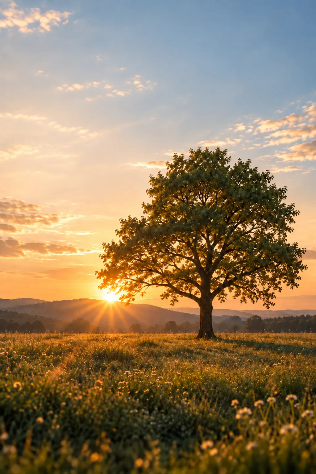 A single tree in a meadow against the rising sun