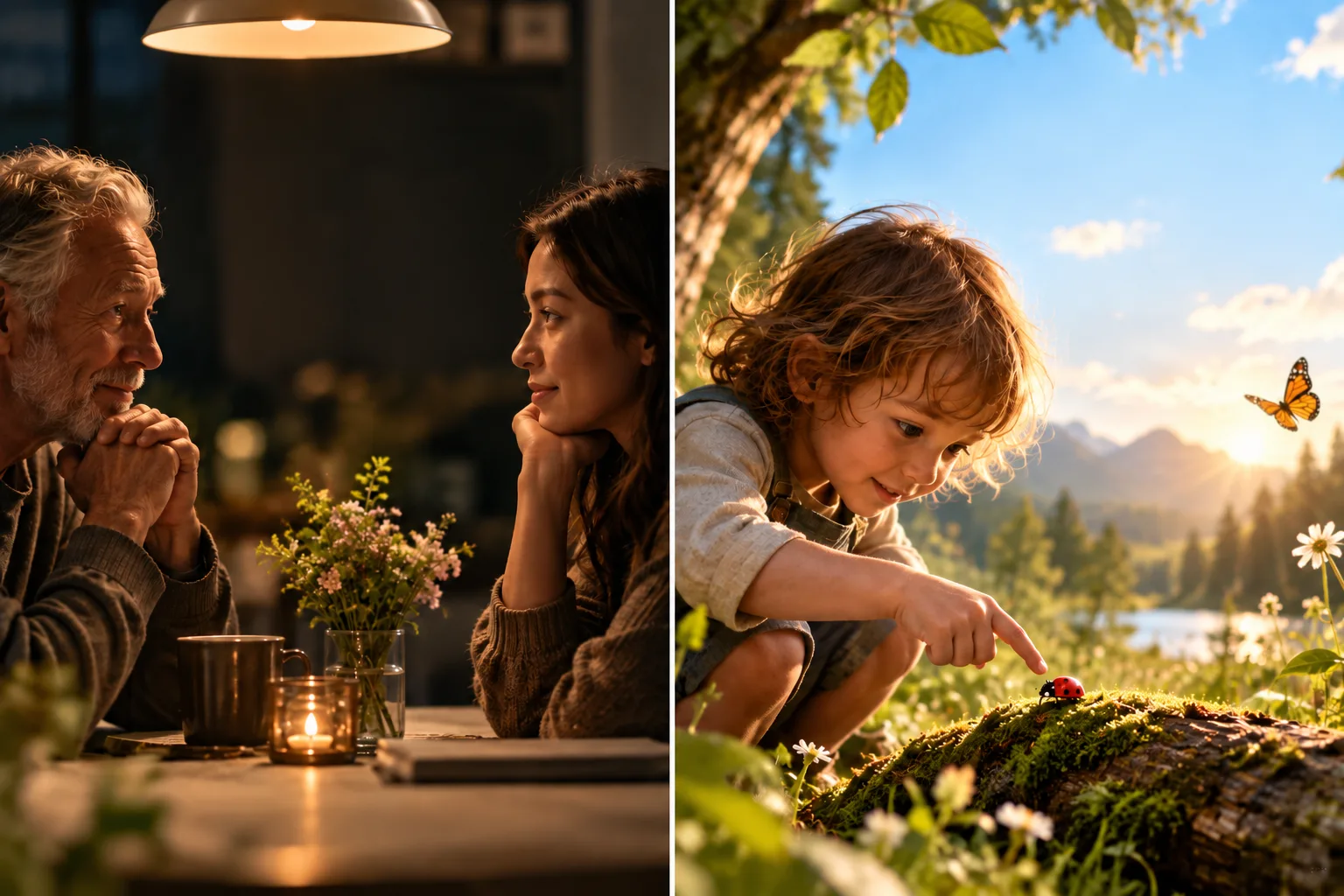 On the left an older man and a young woman sit under a lamp looking at each other; on the right a boy points at a ladybird on a mossy log