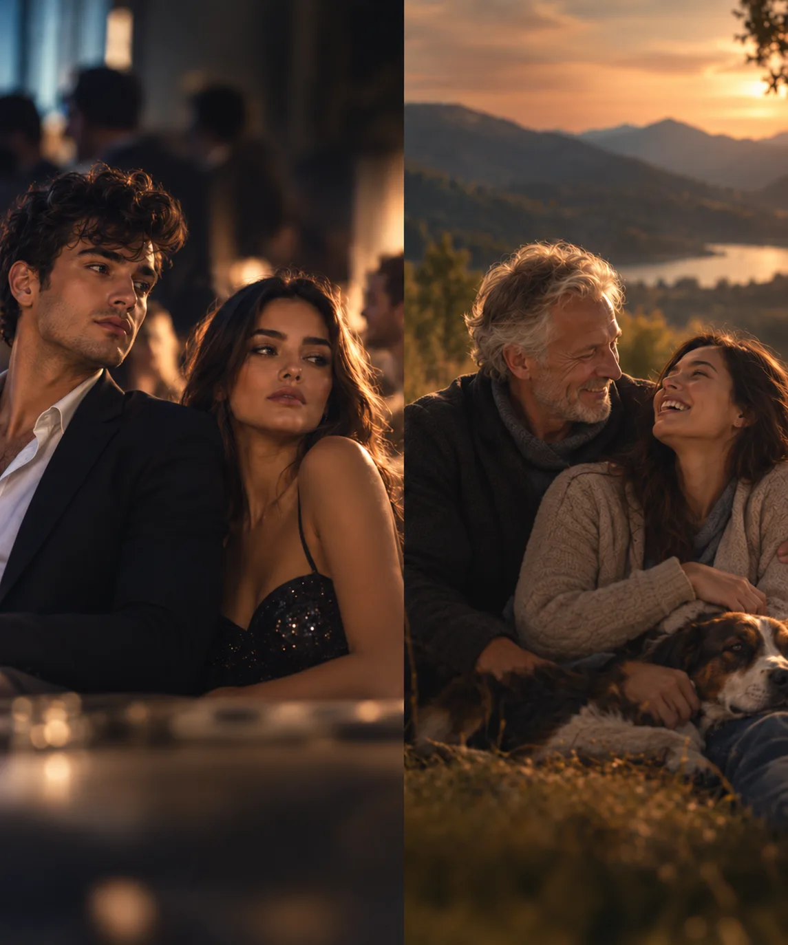 On the left a young couple at a party looking past each other; on the right an older man and a woman laughing together, a dog beside them
